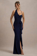Lucena | Navy Cowl-Neck Wrap Maxi Dress With Floral Drape  Gemma Chic