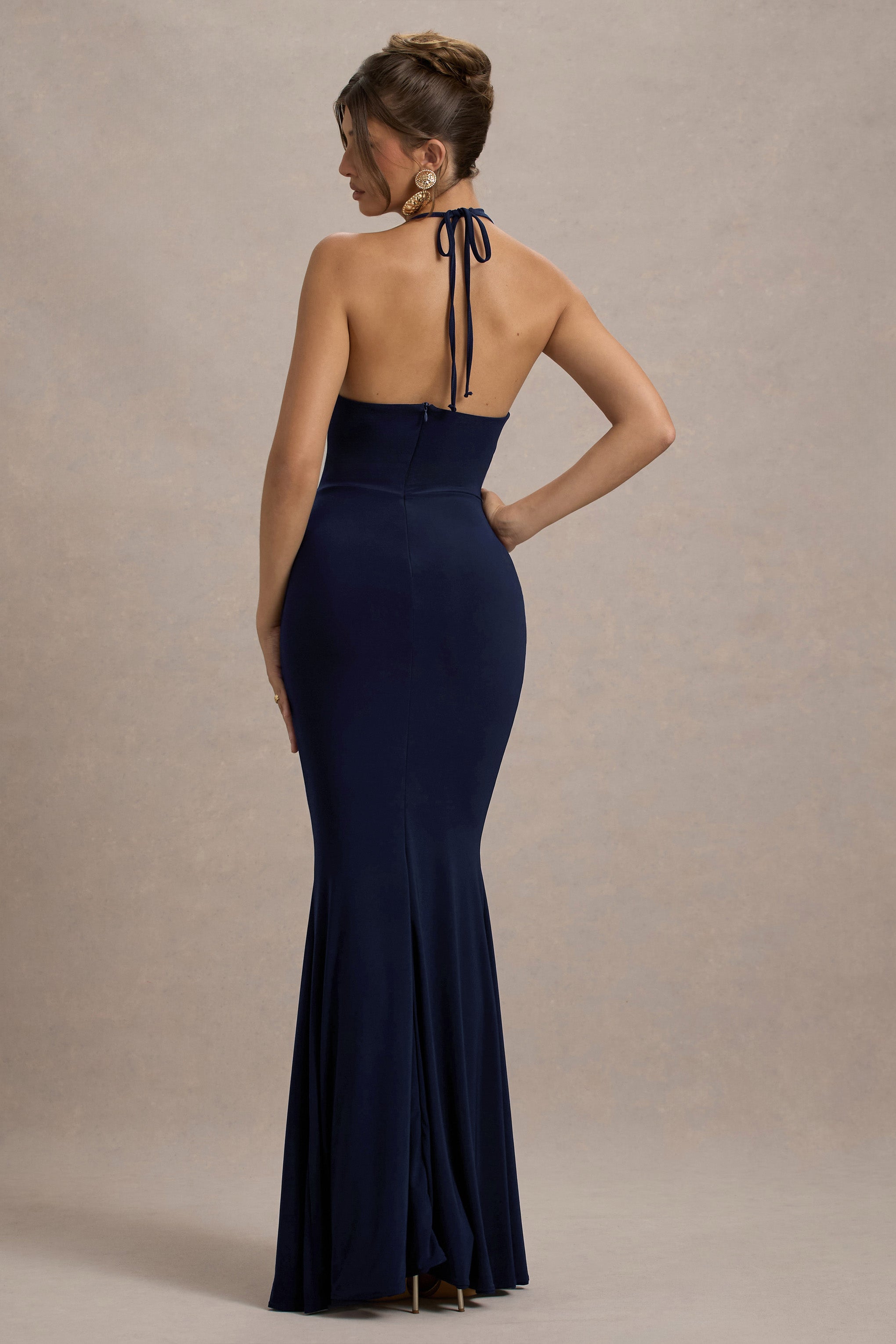 Lucena | Navy Cowl-Neck Wrap Maxi Dress With Floral Drape  Gemma Chic