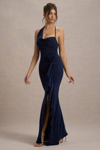 Lucena | Navy Cowl-Neck Wrap Maxi Dress With Floral Drape  Gemma Chic