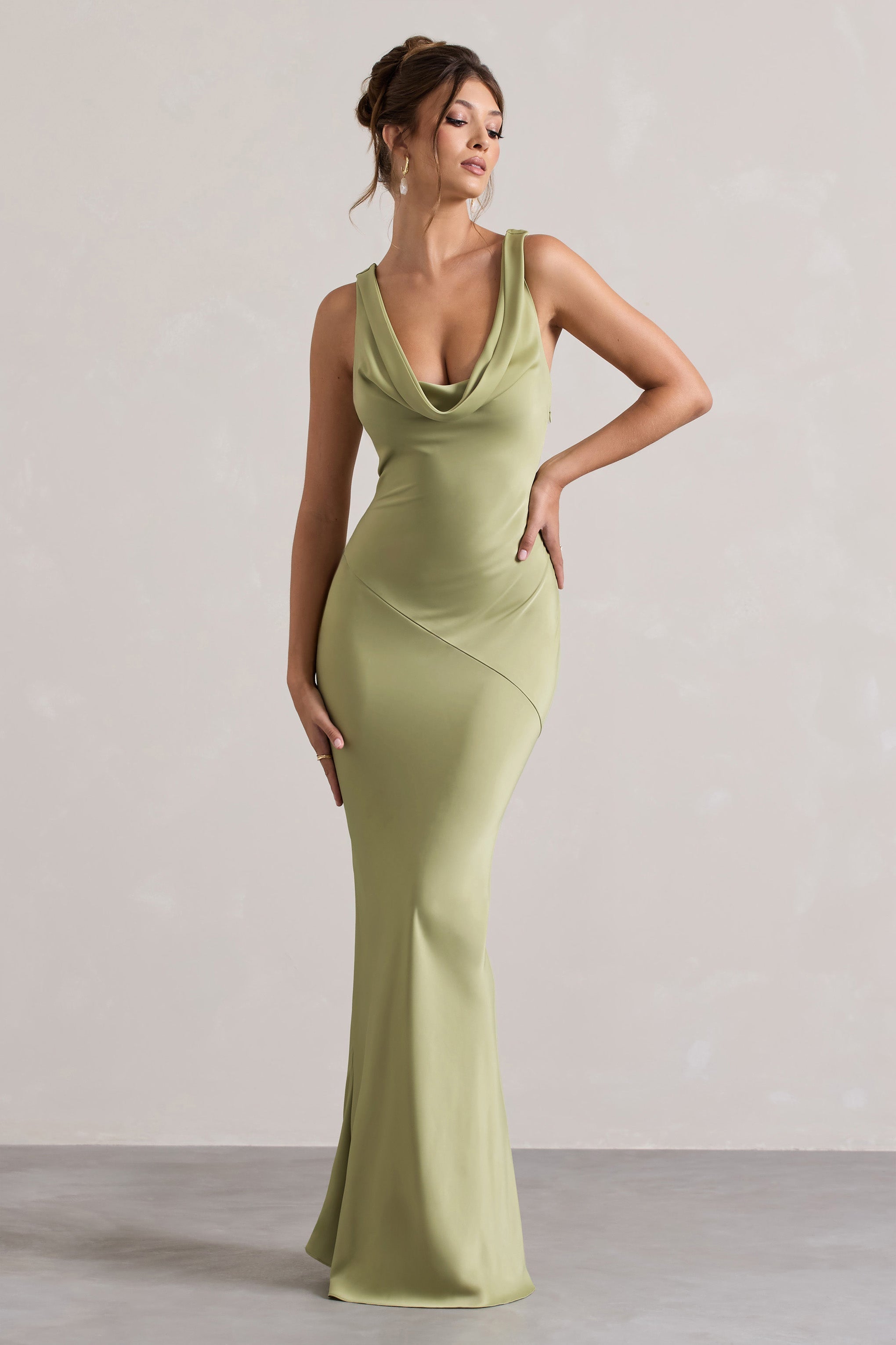 Alesso | Light Olive Satin Cowl-Neck Maxi Dress  Gemma Chic