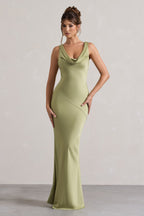 Alesso | Light Olive Satin Cowl-Neck Maxi Dress  Gemma Chic