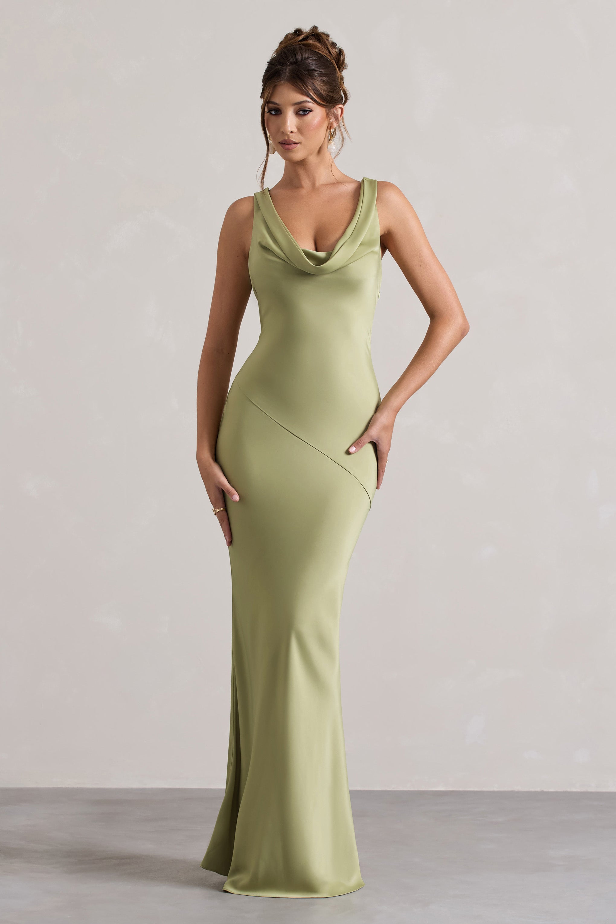 Alesso | Light Olive Satin Cowl-Neck Maxi Dress  Gemma Chic