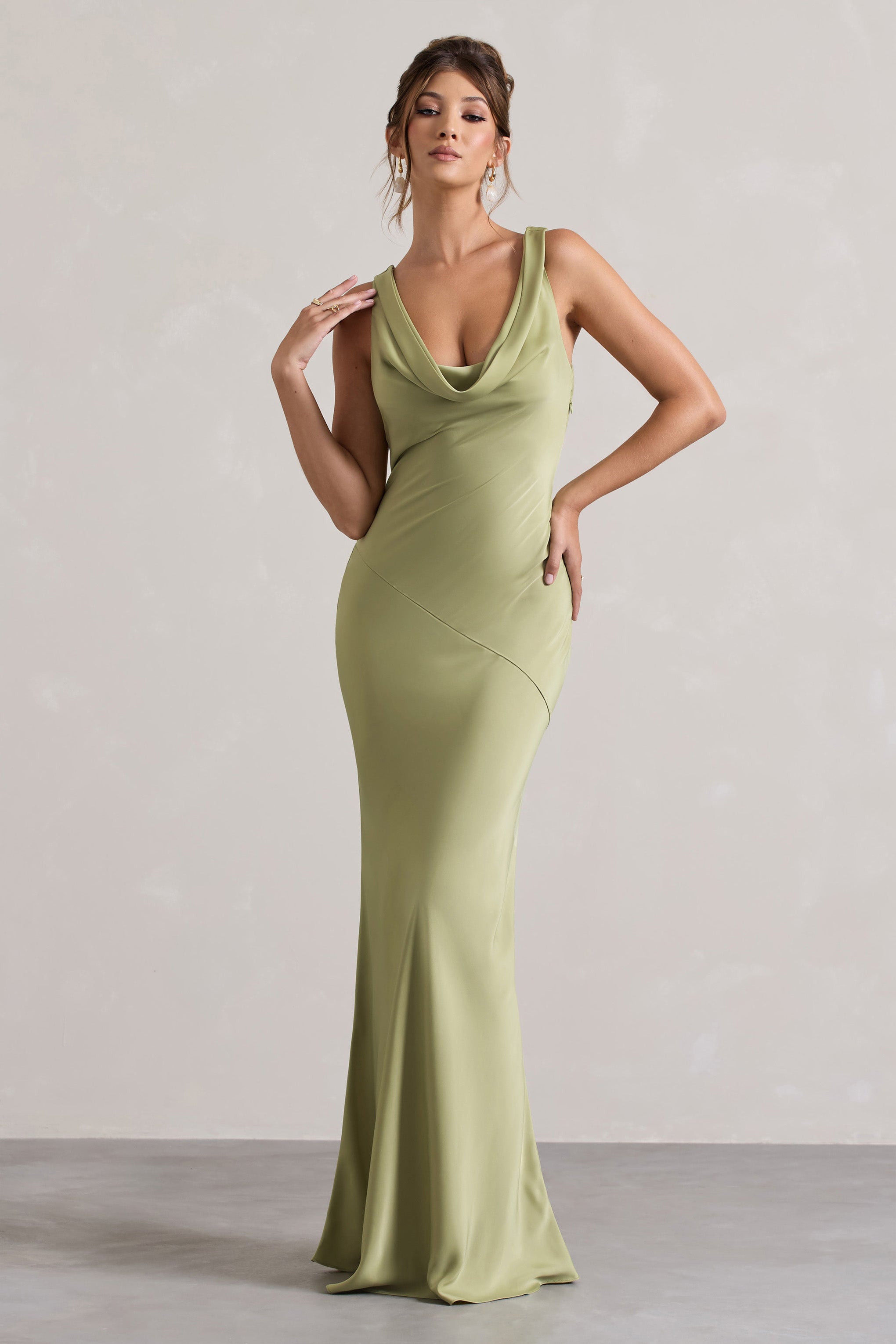 Alesso | Light Olive Satin Cowl-Neck Maxi Dress  Gemma Chic