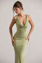 Alesso | Light Olive Satin Cowl-Neck Maxi Dress  Gemma Chic