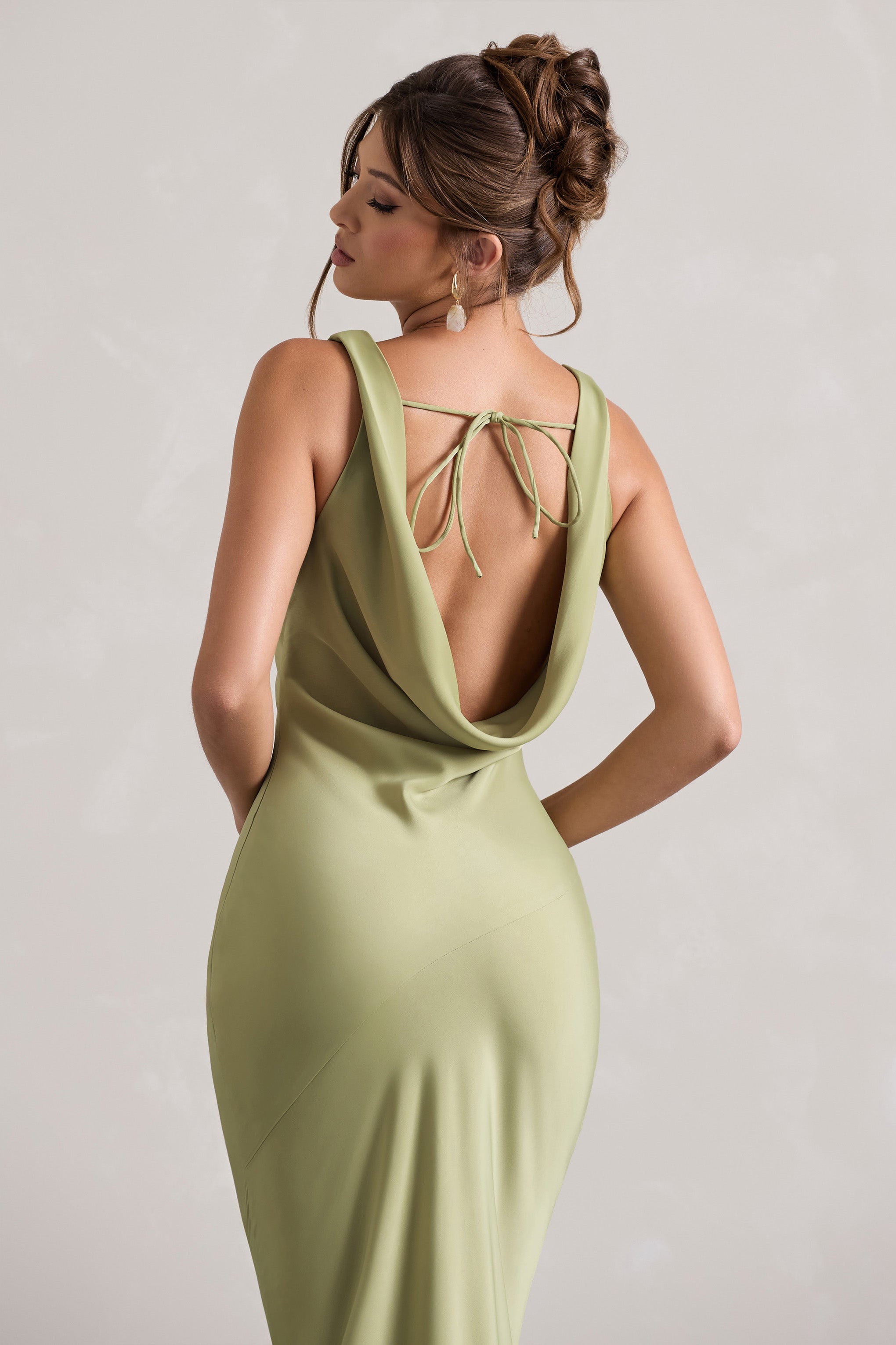 Alesso | Light Olive Satin Cowl-Neck Maxi Dress  Gemma Chic