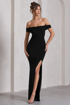 Law of Attraction | Black Bardot Draped Split Maxi Dress  Gemma Chic