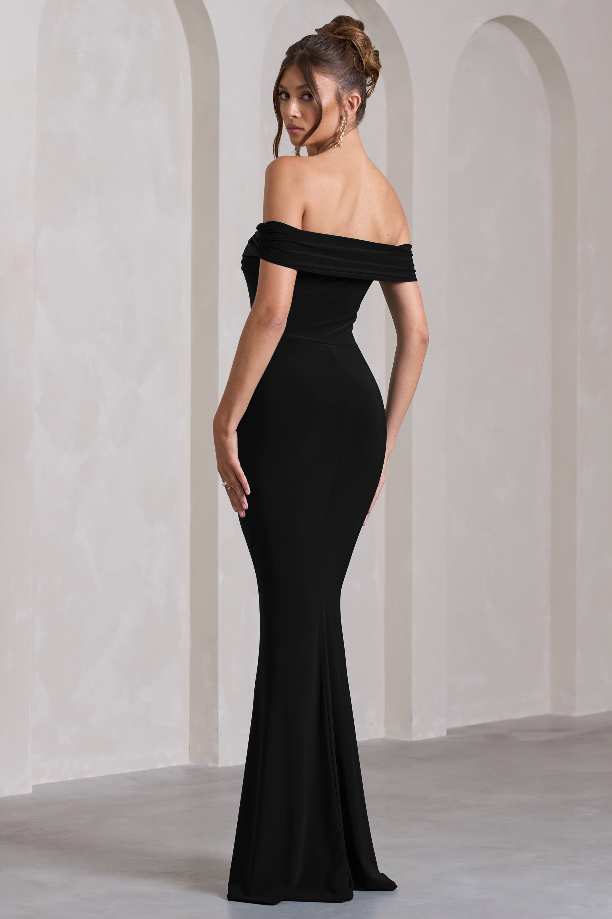 Law of Attraction | Black Bardot Draped Split Maxi Dress  Gemma Chic