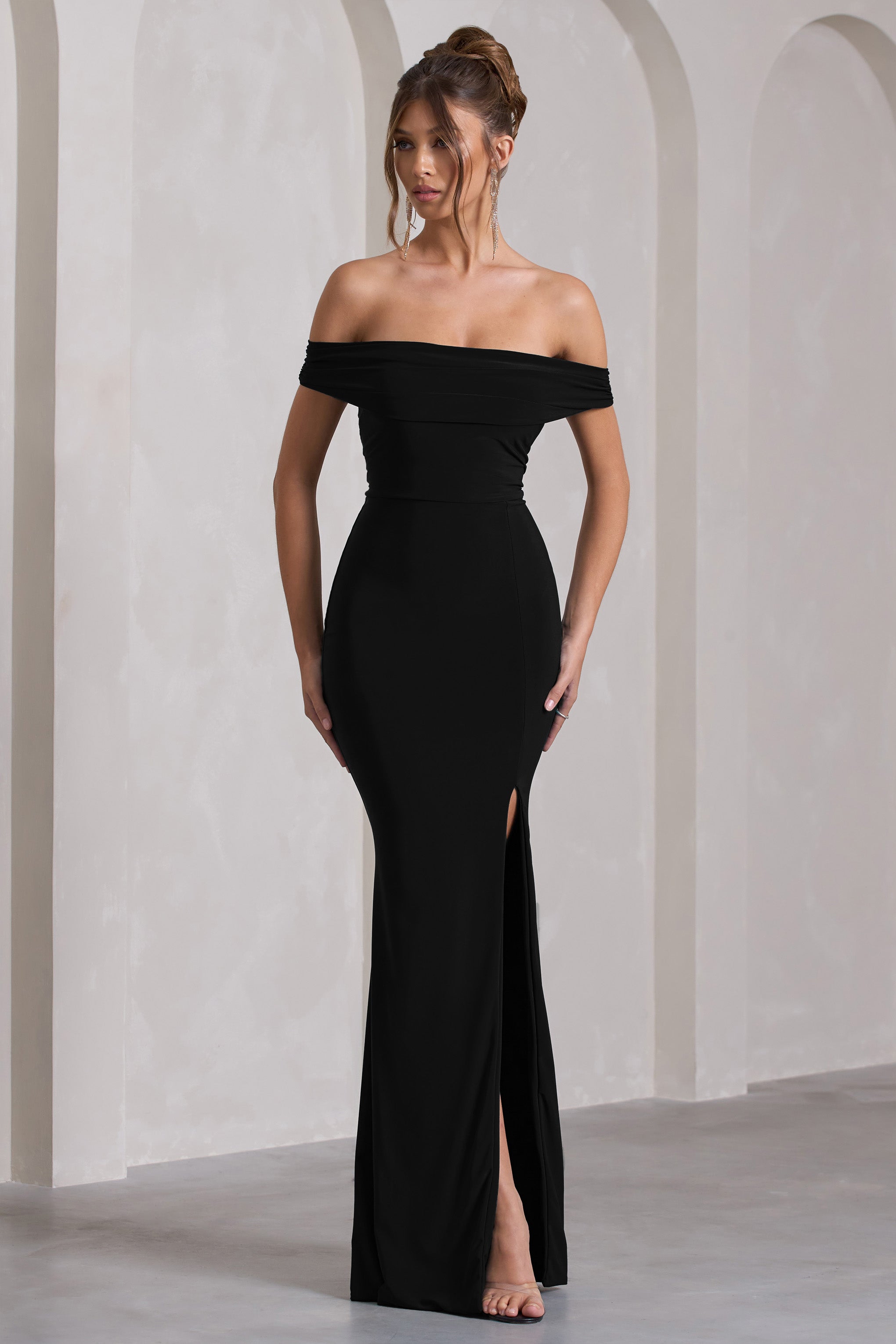 Law of Attraction | Black Bardot Draped Split Maxi Dress  Gemma Chic