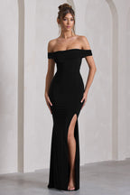 Law of Attraction | Black Bardot Draped Split Maxi Dress  Gemma Chic