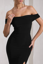 Law of Attraction | Black Bardot Draped Split Maxi Dress  Gemma Chic