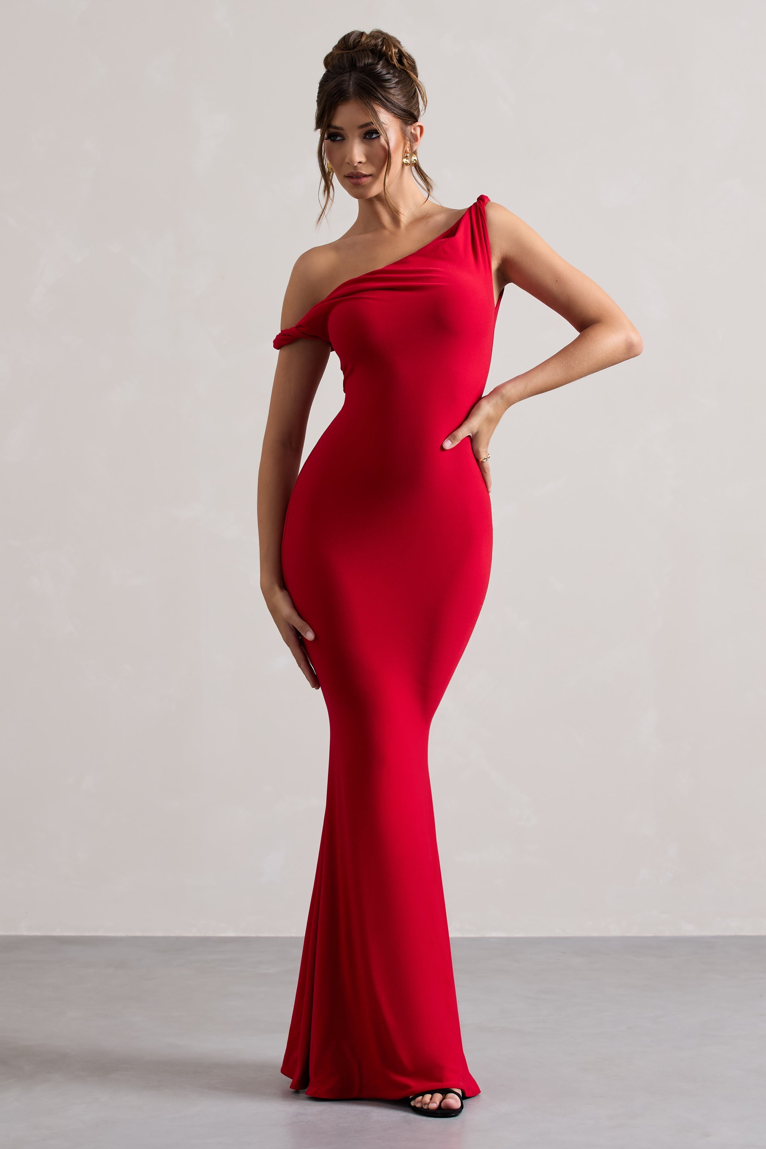 Lita | Red Twisted Asymmetric Maxi Dress  Gemma Chic