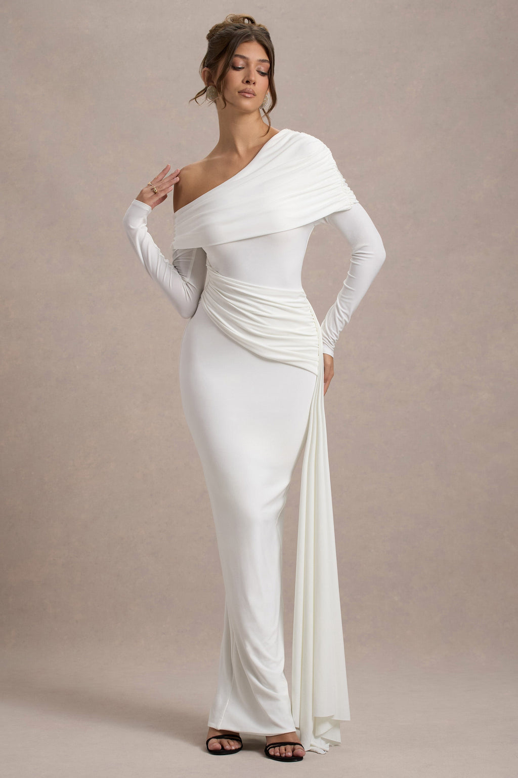 Valina | White Ruched Asymmetric Maxi Dress With Drape  Gemma Chic