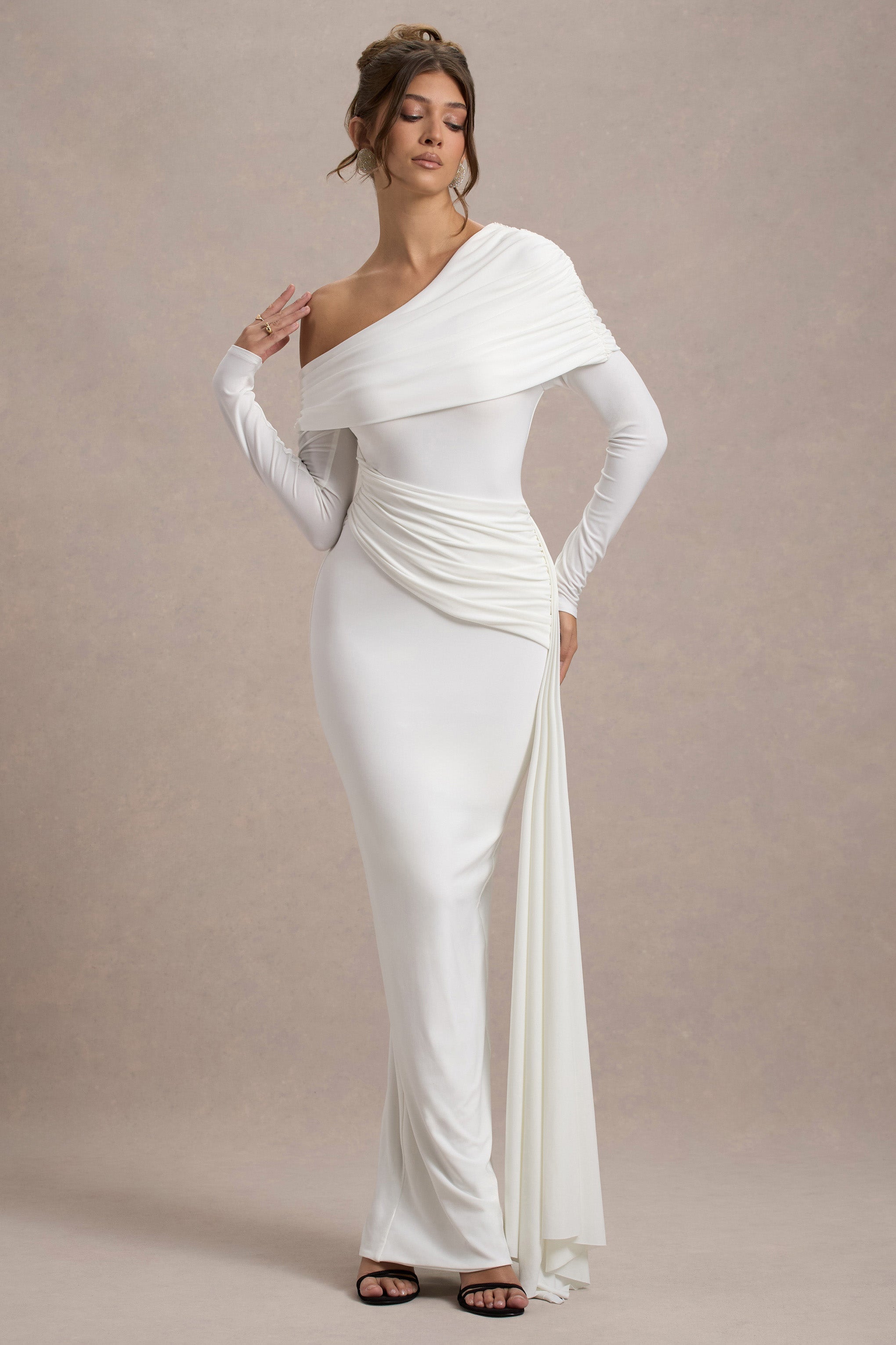 Valina | White Ruched Asymmetric Maxi Dress With Drape  Gemma Chic