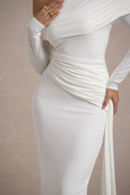 Valina | White Ruched Asymmetric Maxi Dress With Drape  Gemma Chic