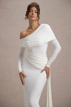 Valina | White Ruched Asymmetric Maxi Dress With Drape  Gemma Chic