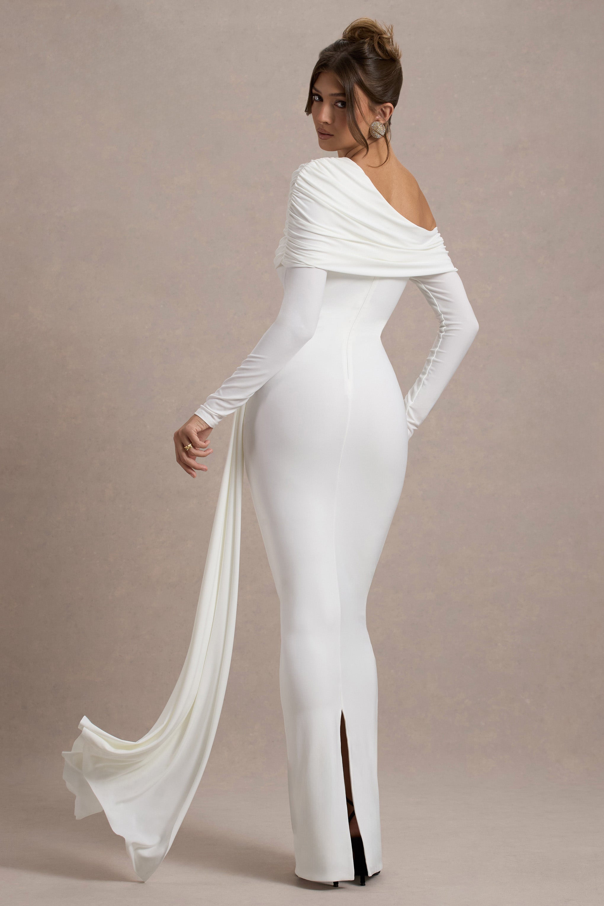 Valina | White Ruched Asymmetric Maxi Dress With Drape  Gemma Chic
