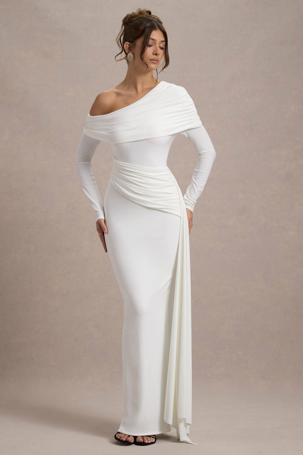 Valina | White Ruched Asymmetric Maxi Dress With Drape  Gemma Chic