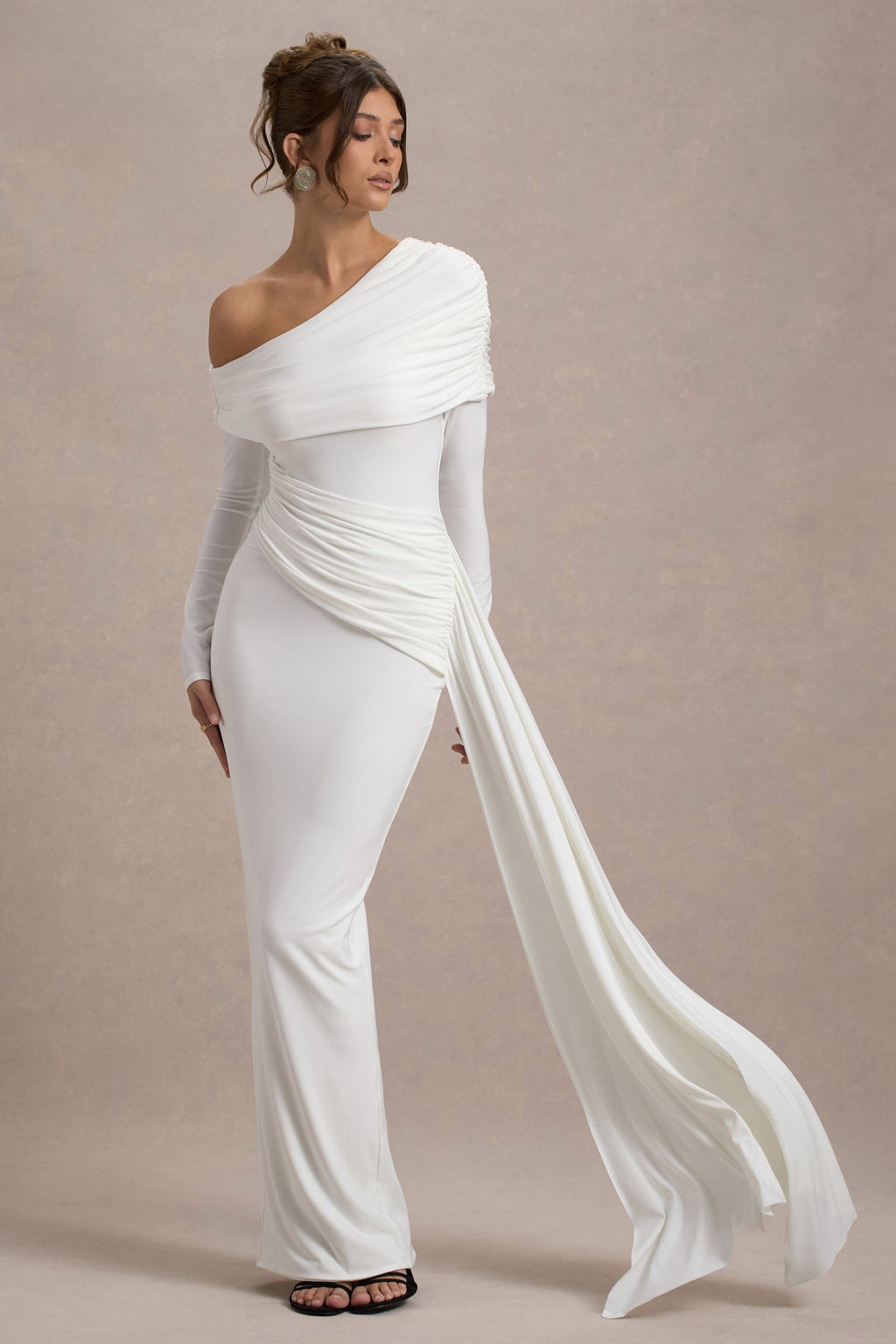 Valina | White Ruched Asymmetric Maxi Dress With Drape  Gemma Chic