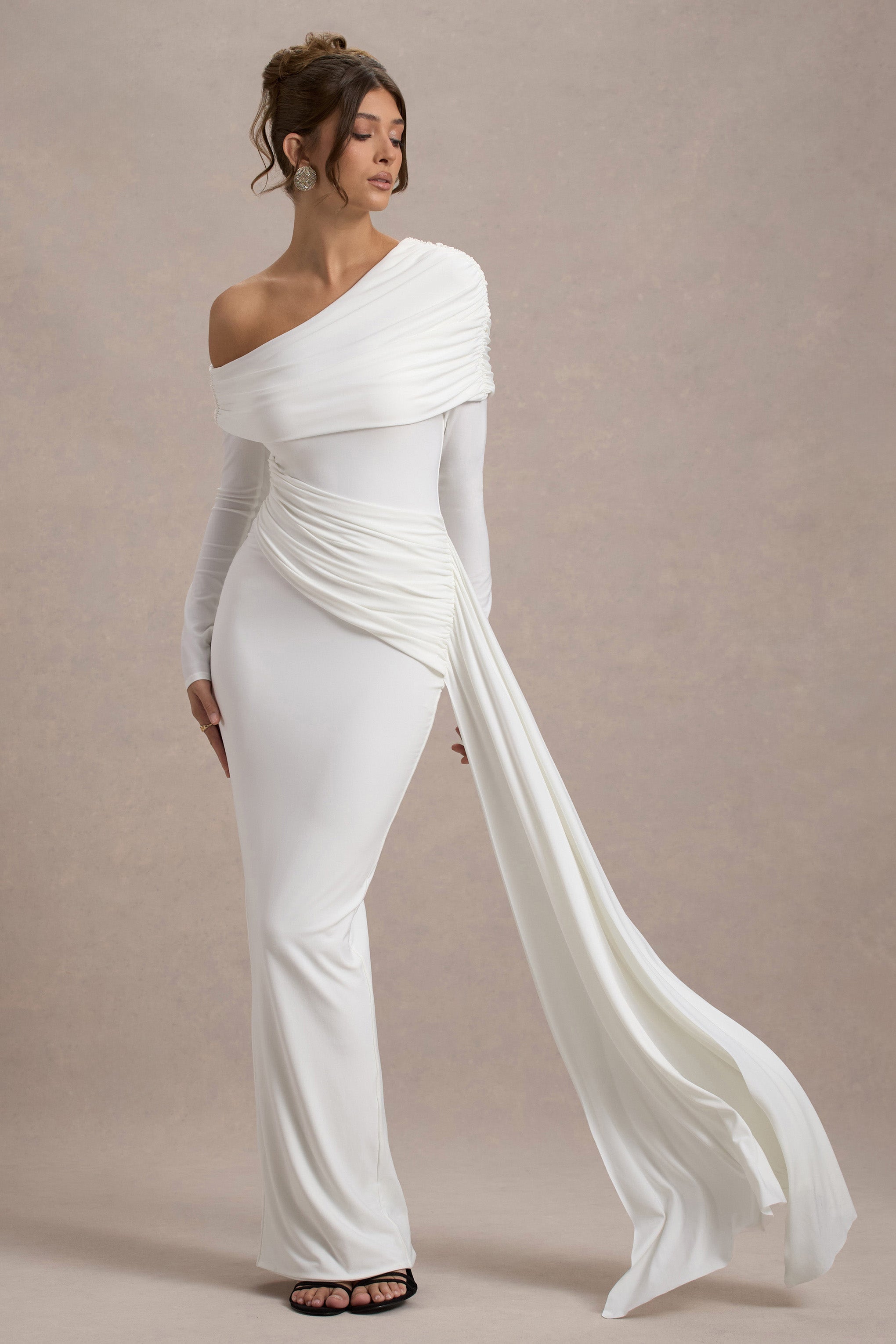 Valina | White Ruched Asymmetric Maxi Dress With Drape  Gemma Chic