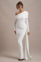 Valina | White Ruched Asymmetric Maxi Dress With Drape  Gemma Chic