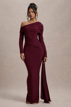 Valina | Burgundy Ruched Asymmetric Maxi Dress With Drape  Gemma Chic
