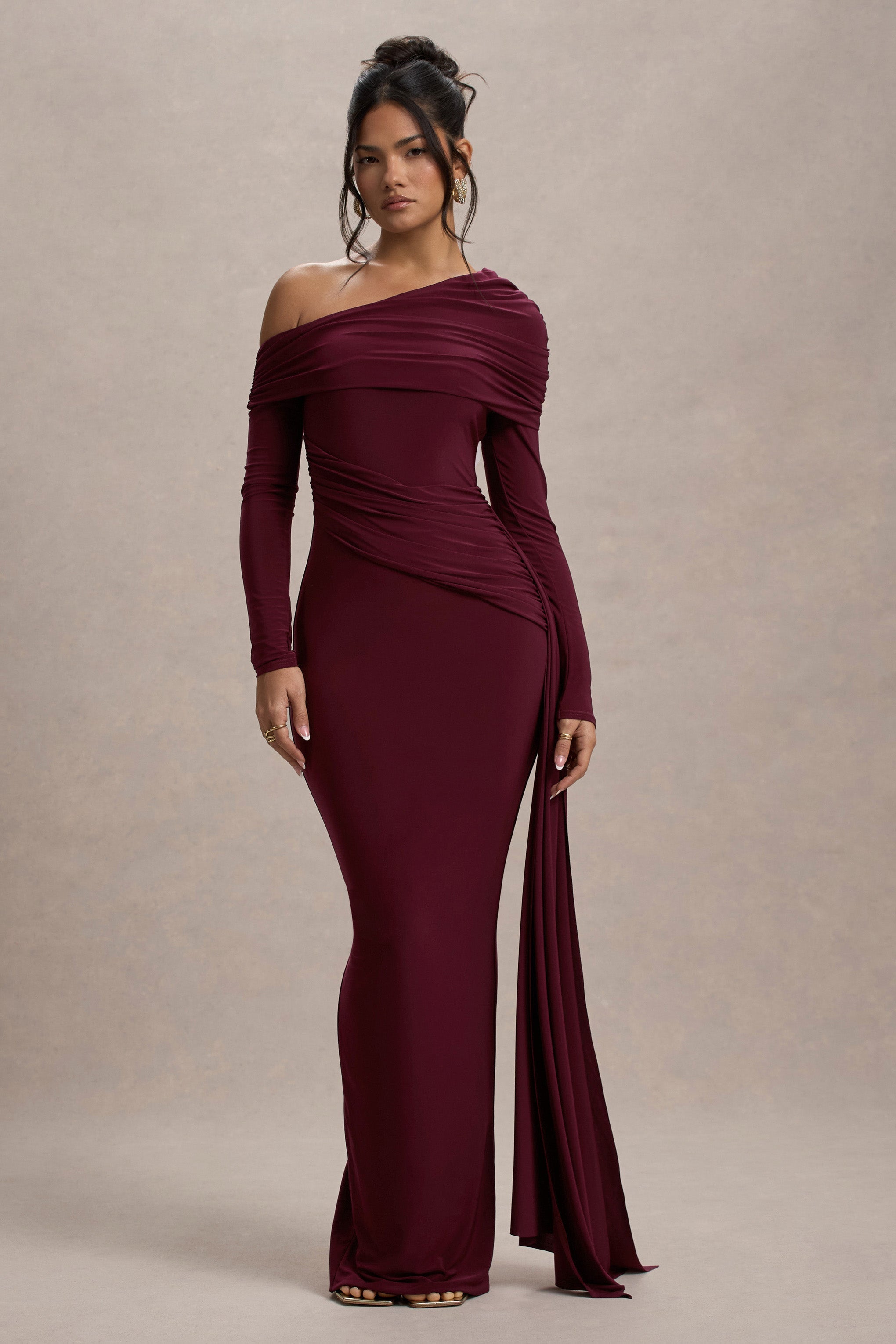 Valina | Burgundy Ruched Asymmetric Maxi Dress With Drape  Gemma Chic