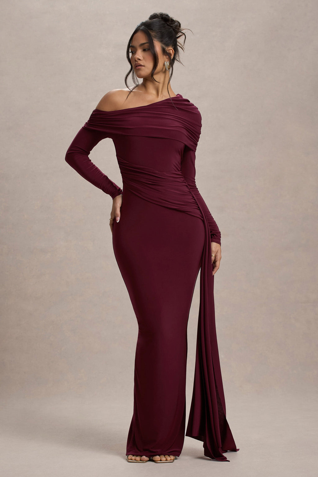 Valina | Burgundy Ruched Asymmetric Maxi Dress With Drape  Gemma Chic