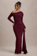 Valina | Burgundy Ruched Asymmetric Maxi Dress With Drape  Gemma Chic