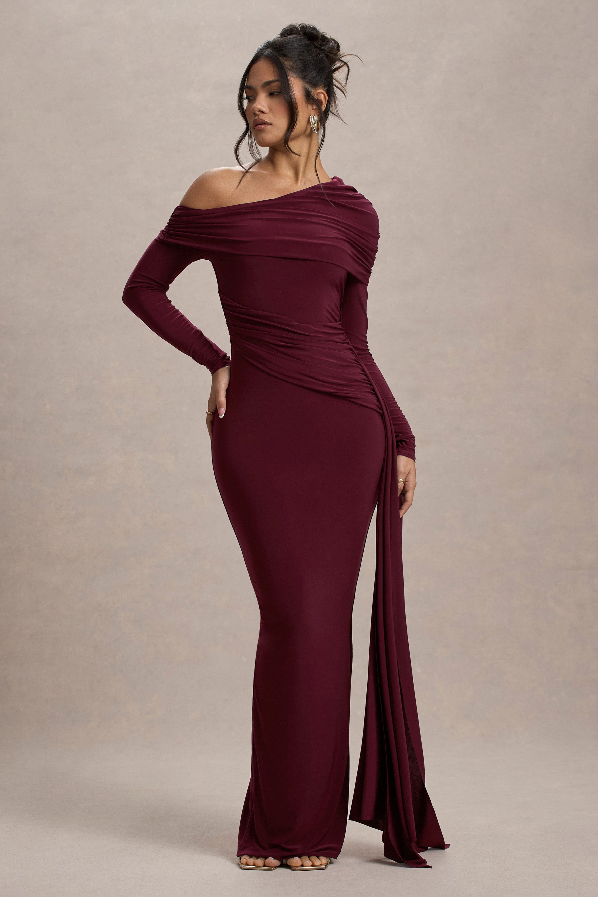 Valina | Burgundy Ruched Asymmetric Maxi Dress With Drape  Gemma Chic