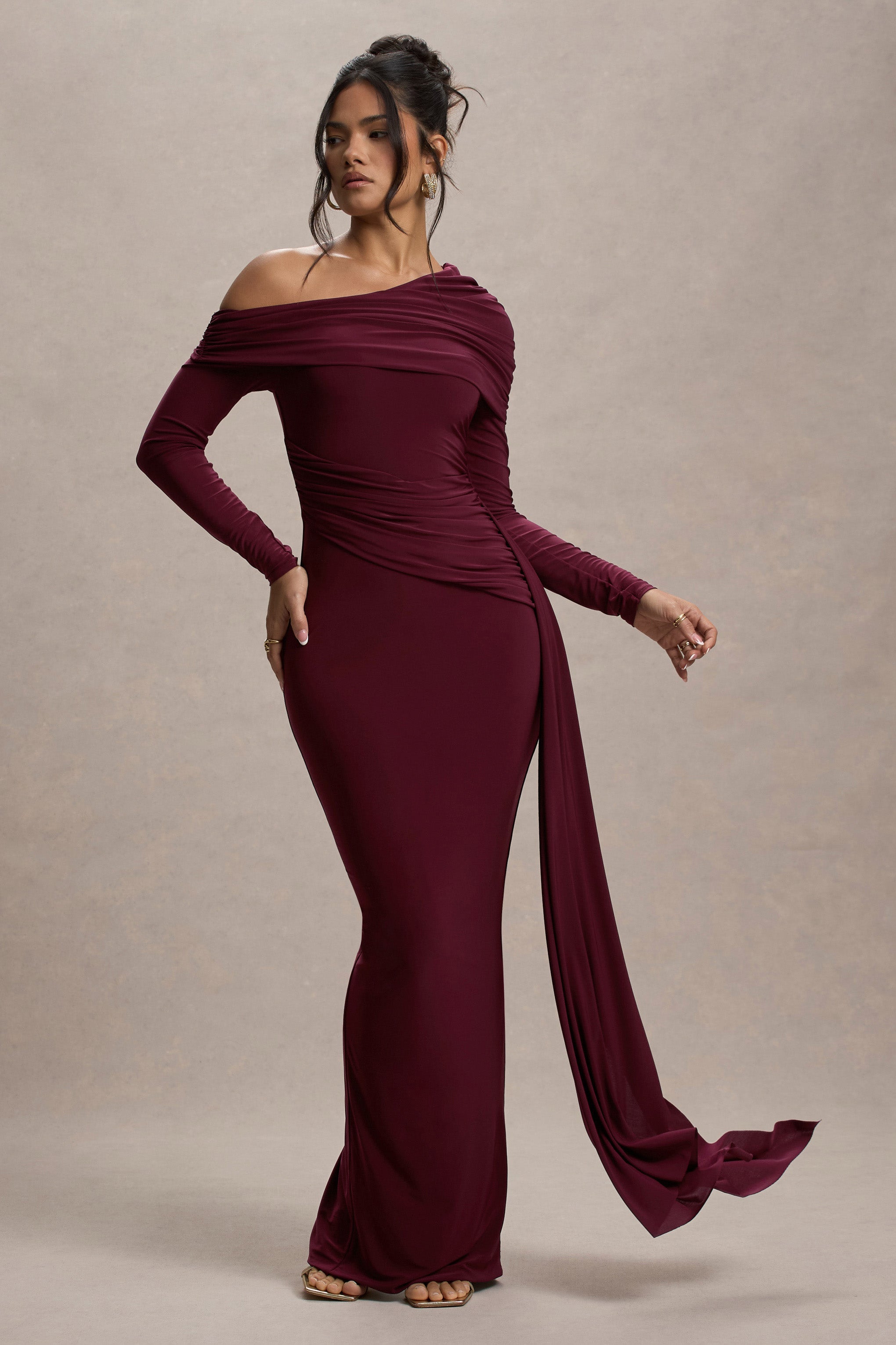 Valina | Burgundy Ruched Asymmetric Maxi Dress With Drape  Gemma Chic