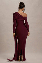 Valina | Burgundy Ruched Asymmetric Maxi Dress With Drape  Gemma Chic