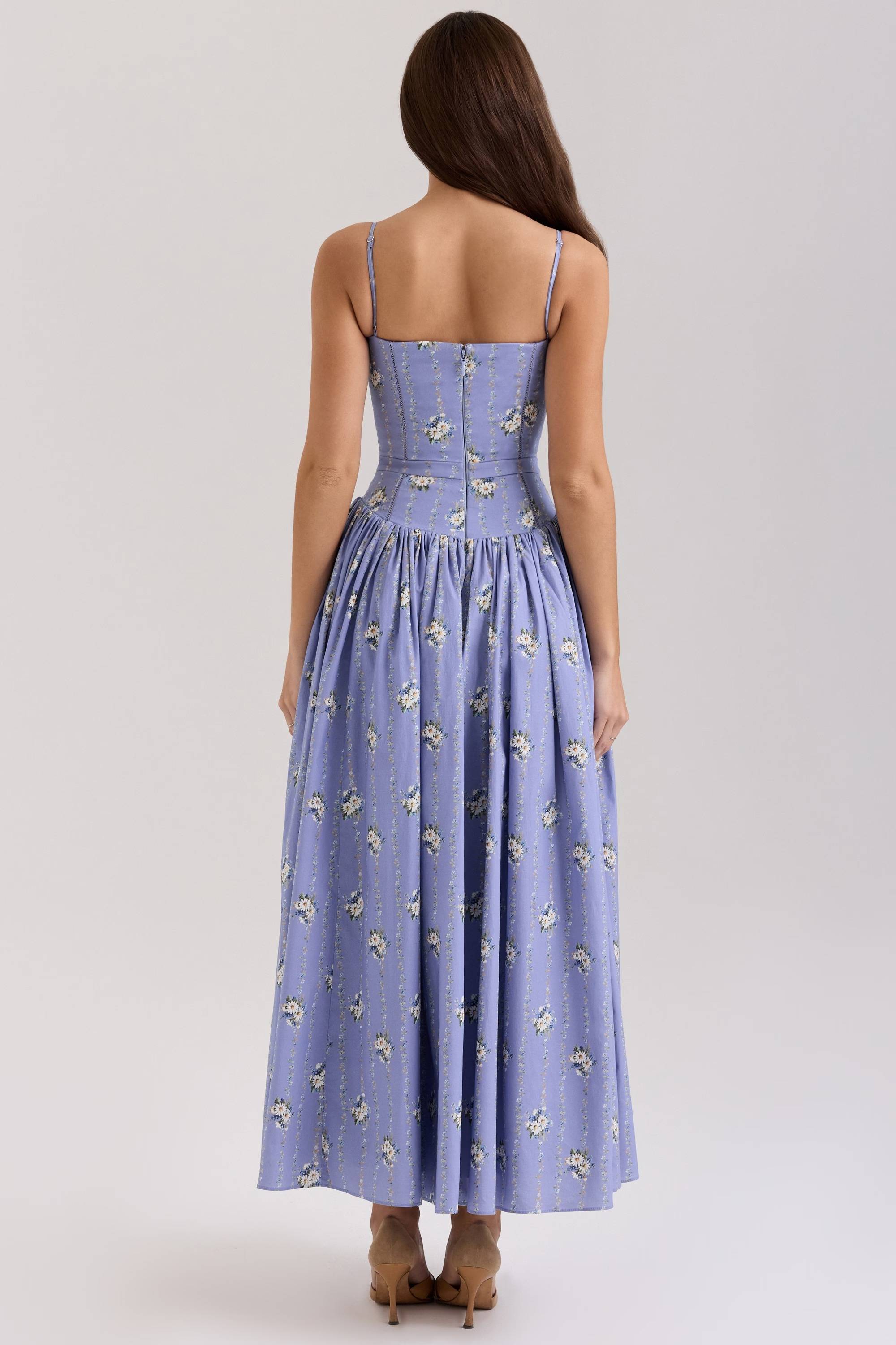 Steffani Blue Daisy Print Stretch Cotton Midi Sundress  Gemma Chic