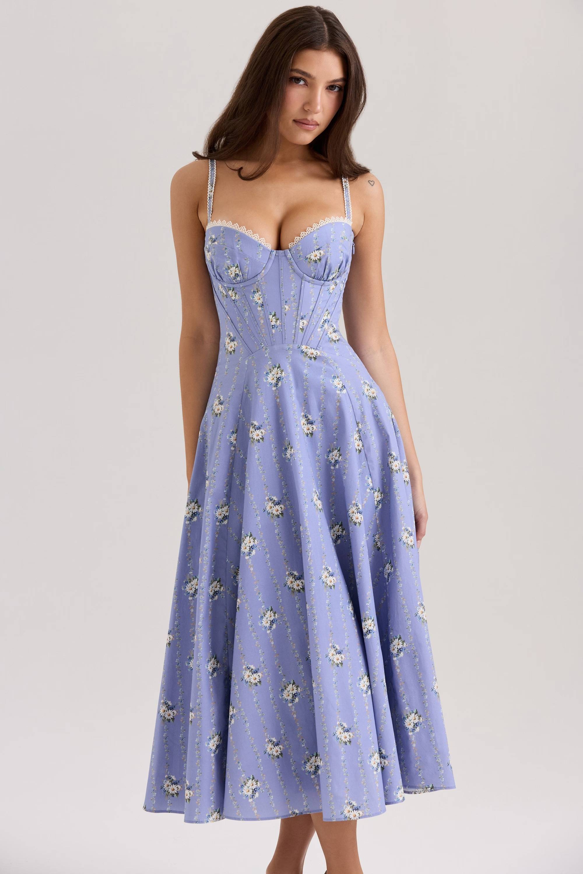 Steffani Blue Daisy Print Stretch Cotton Midi Sundress  Gemma Chic
