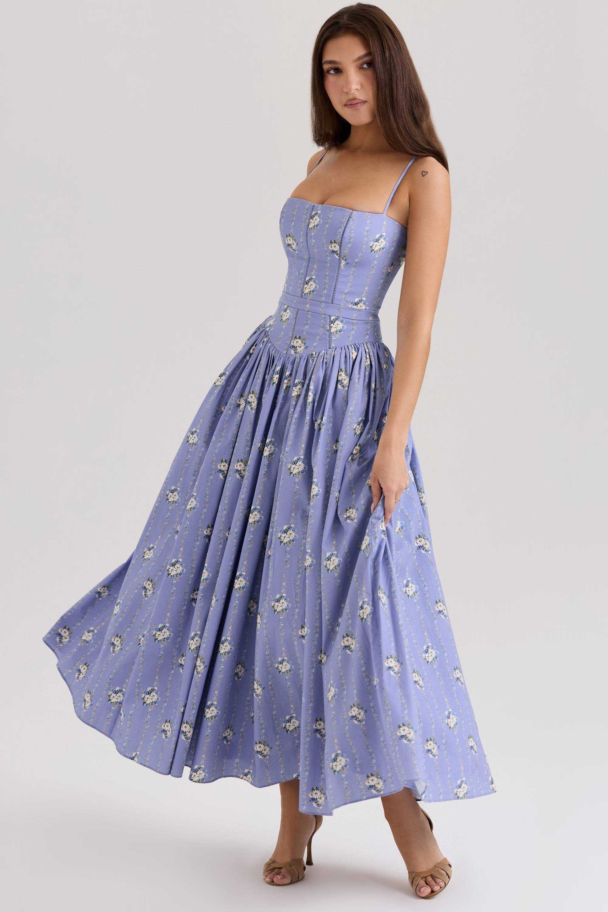 Steffani Blue Daisy Print Stretch Cotton Midi Sundress  Gemma Chic