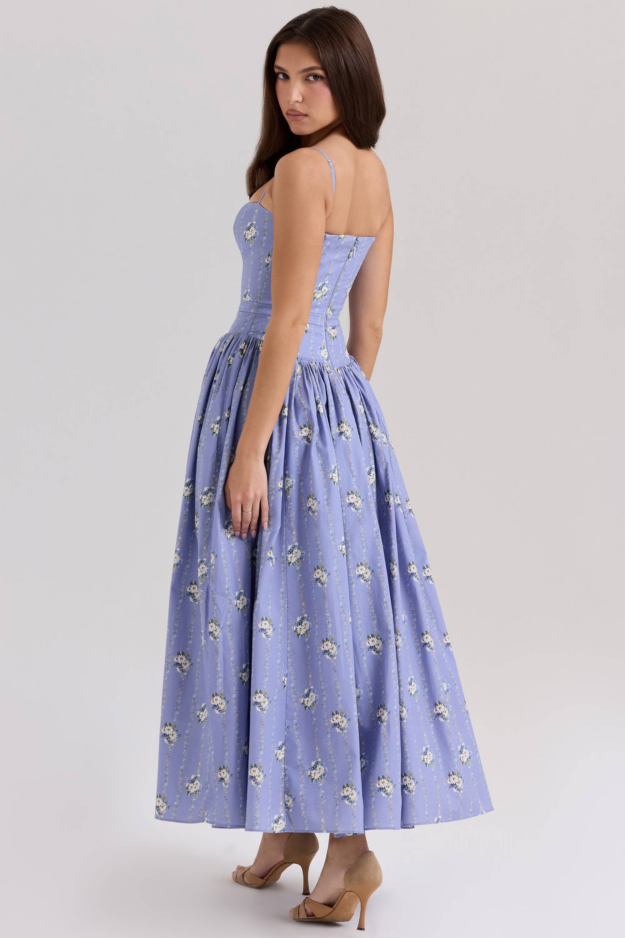 Steffani Blue Daisy Print Stretch Cotton Midi Sundress  Gemma Chic
