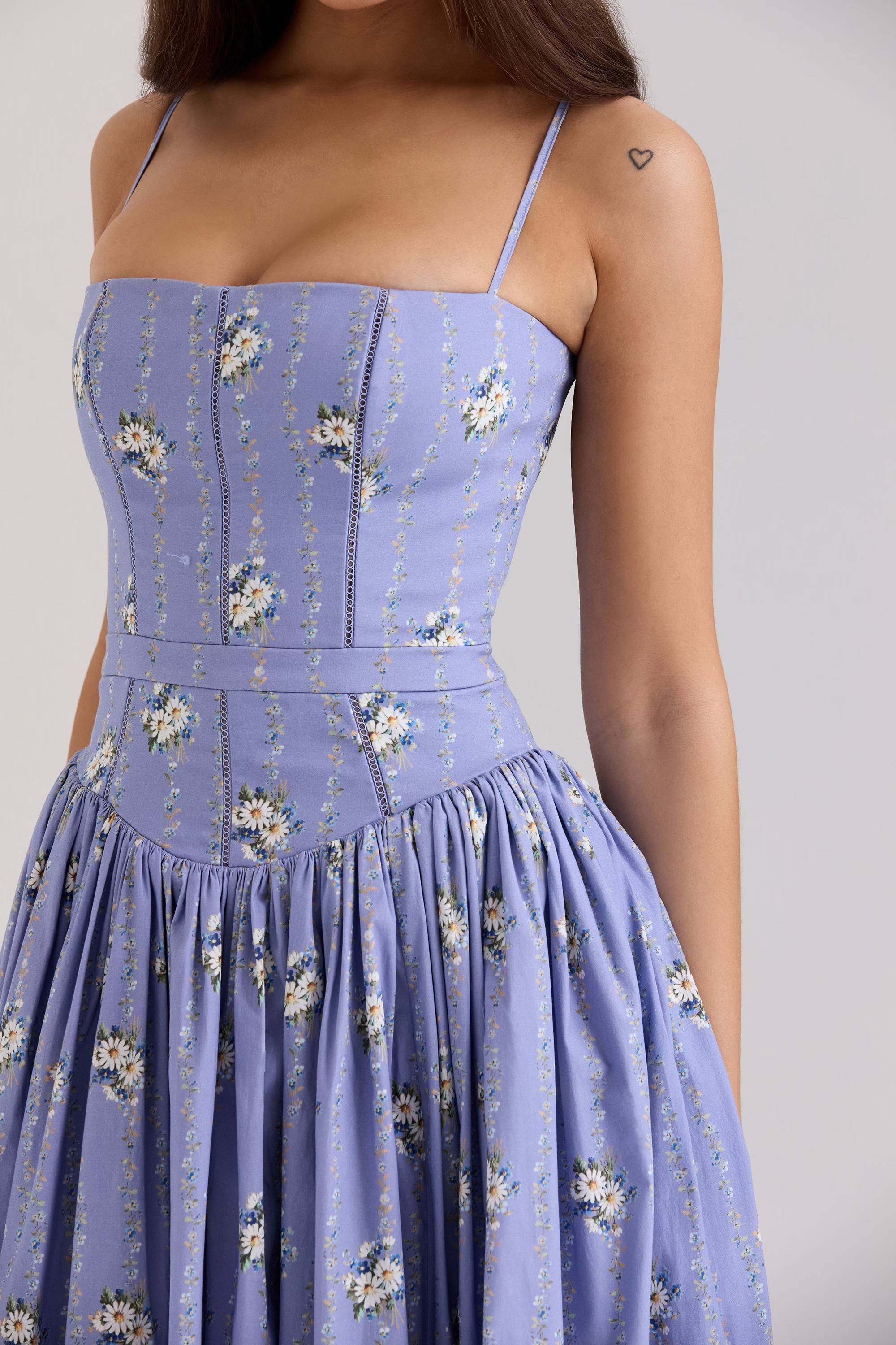 Steffani Blue Daisy Print Stretch Cotton Midi Sundress  Gemma Chic