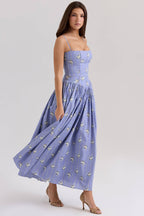 Steffani Blue Daisy Print Stretch Cotton Midi Sundress  Gemma Chic