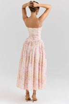 Peach Floral Print Stretch Cotton Midi Sundress  Gemma Chic