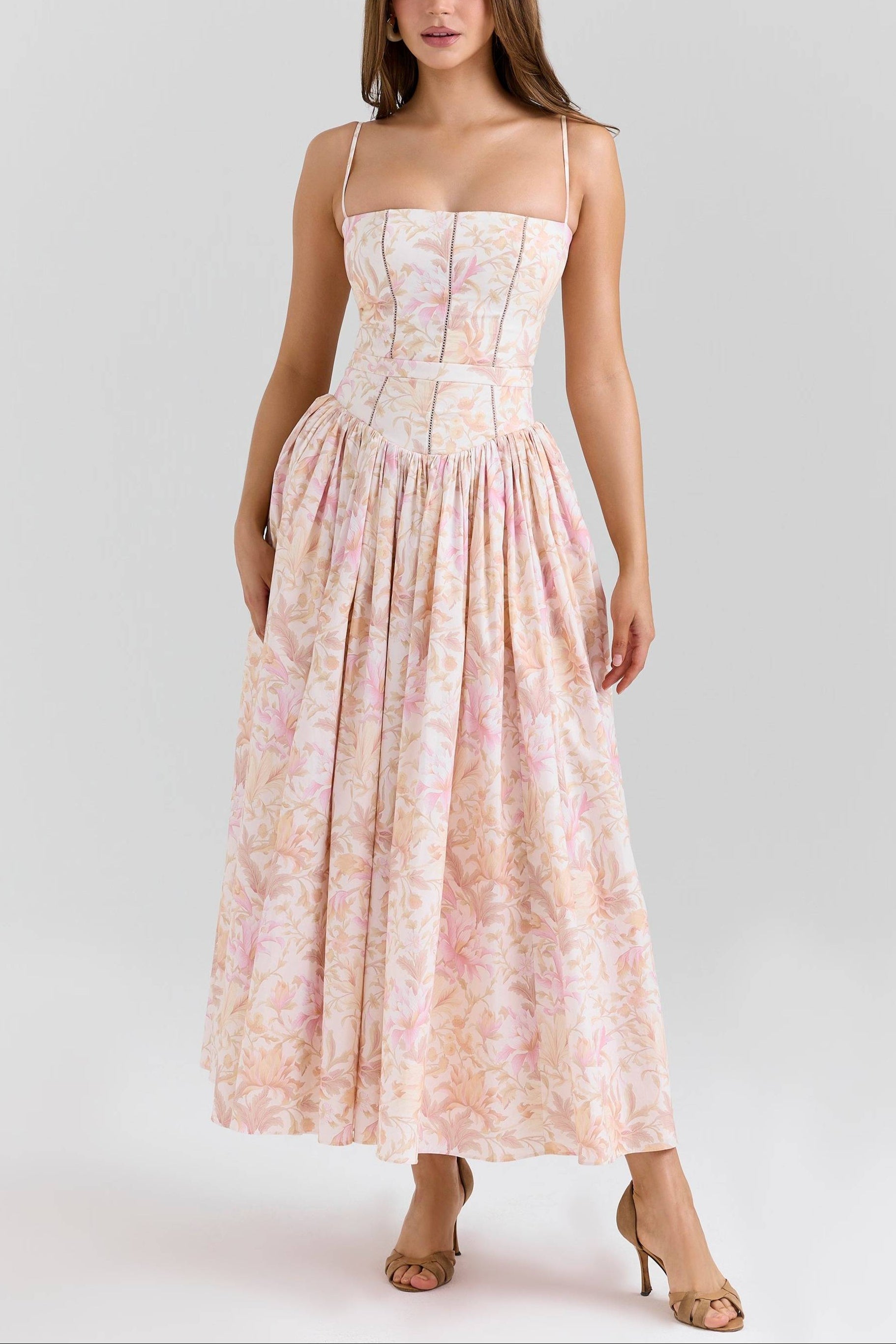 Ysabella_Peach_Floral_Print_Stretch_Cotton_Midi_Sundress_2
