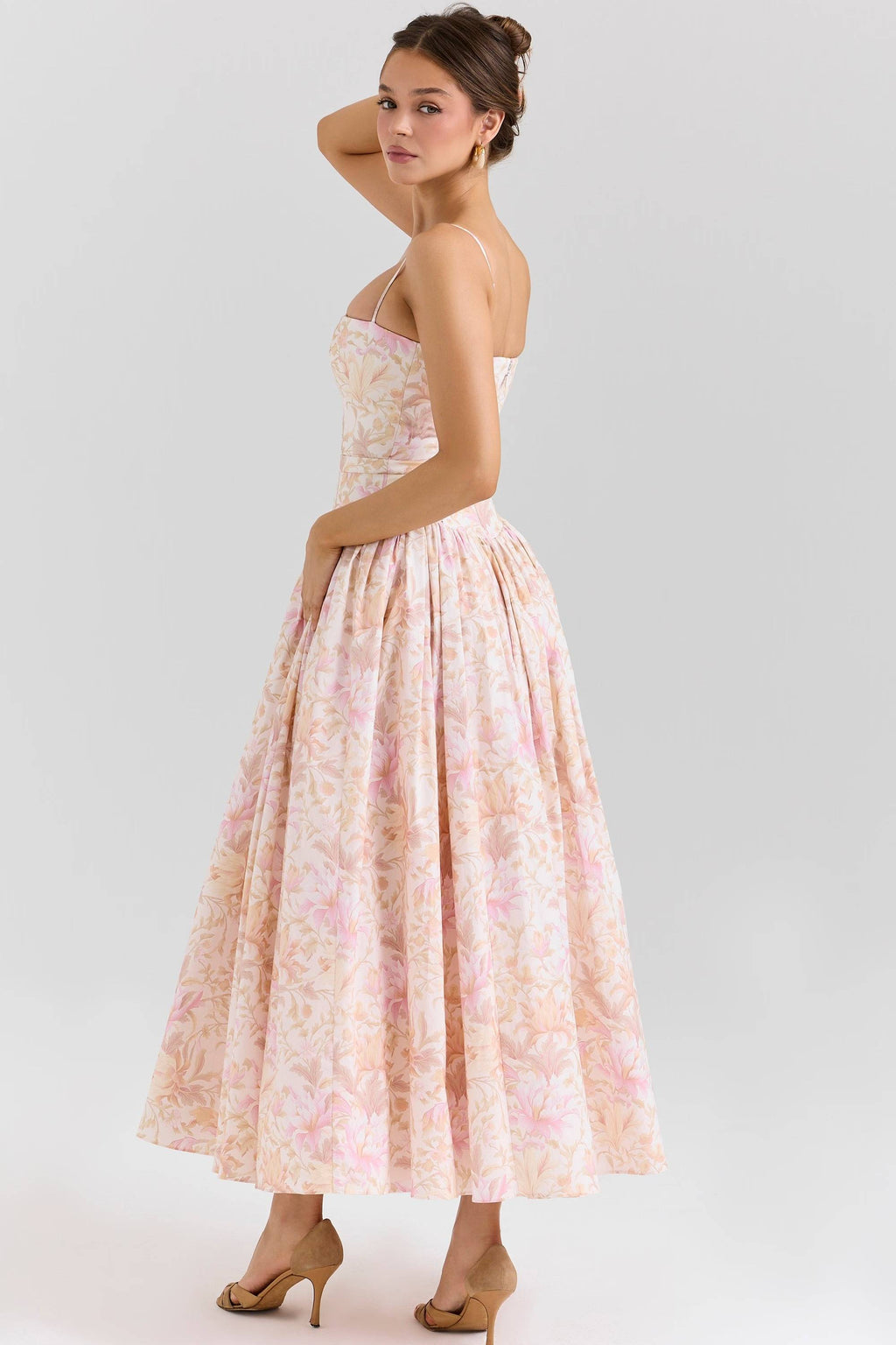 Peach Floral Print Stretch Cotton Midi Sundress  Gemma Chic