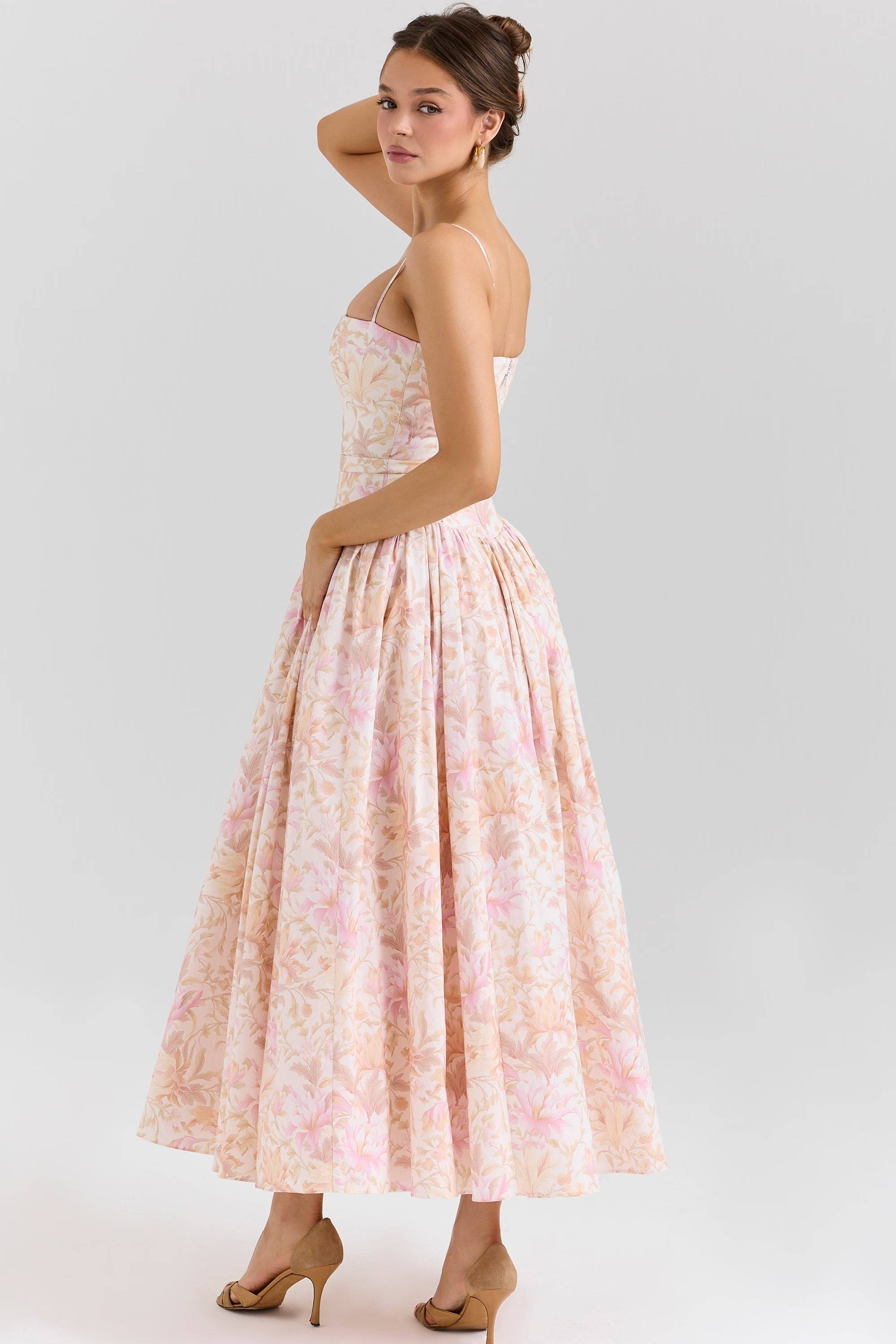 Peach Floral Print Stretch Cotton Midi Sundress  Gemma Chic