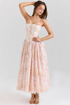 Peach Floral Print Stretch Cotton Midi Sundress  Gemma Chic