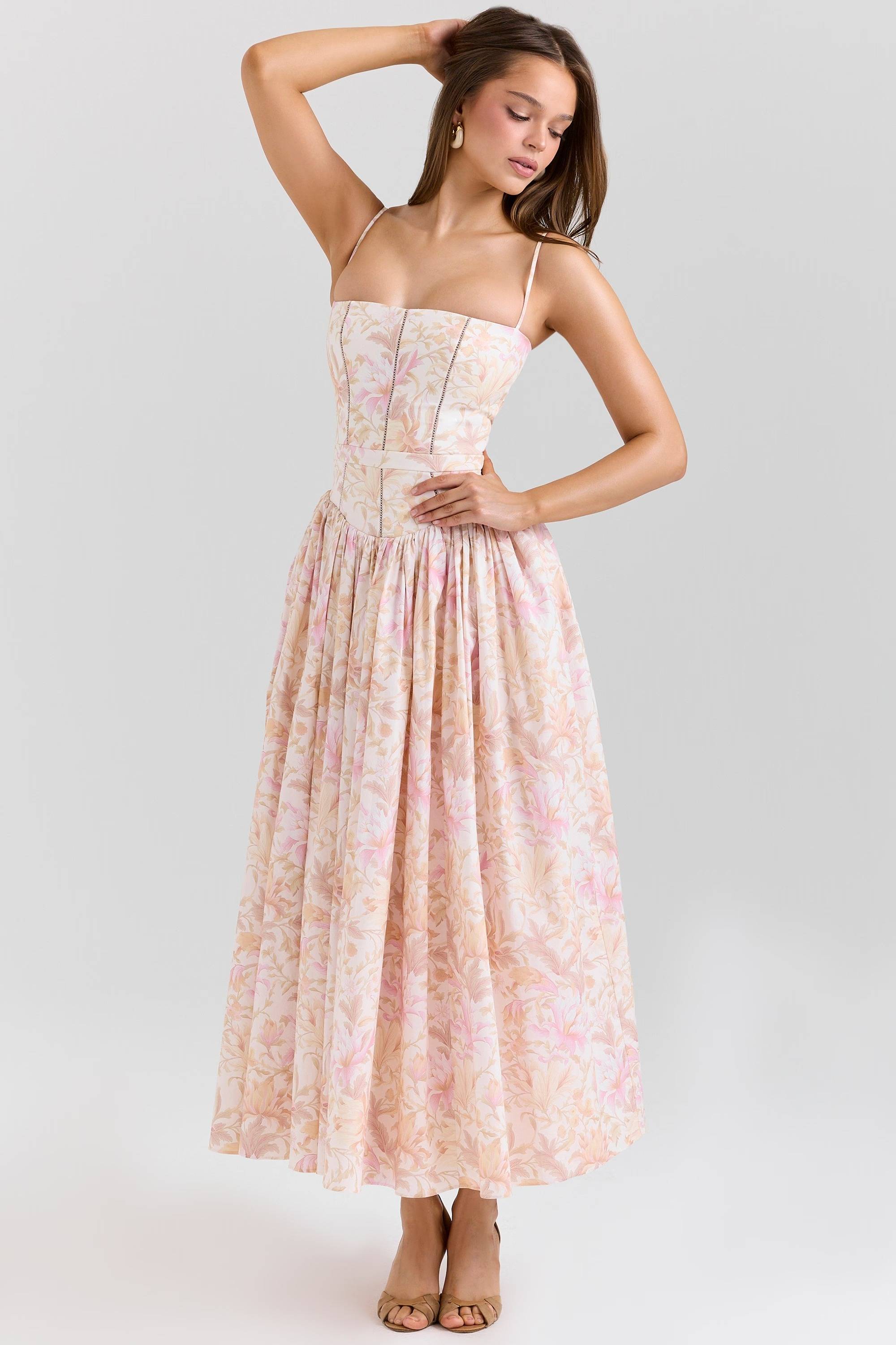 Peach Floral Print Stretch Cotton Midi Sundress  Gemma Chic