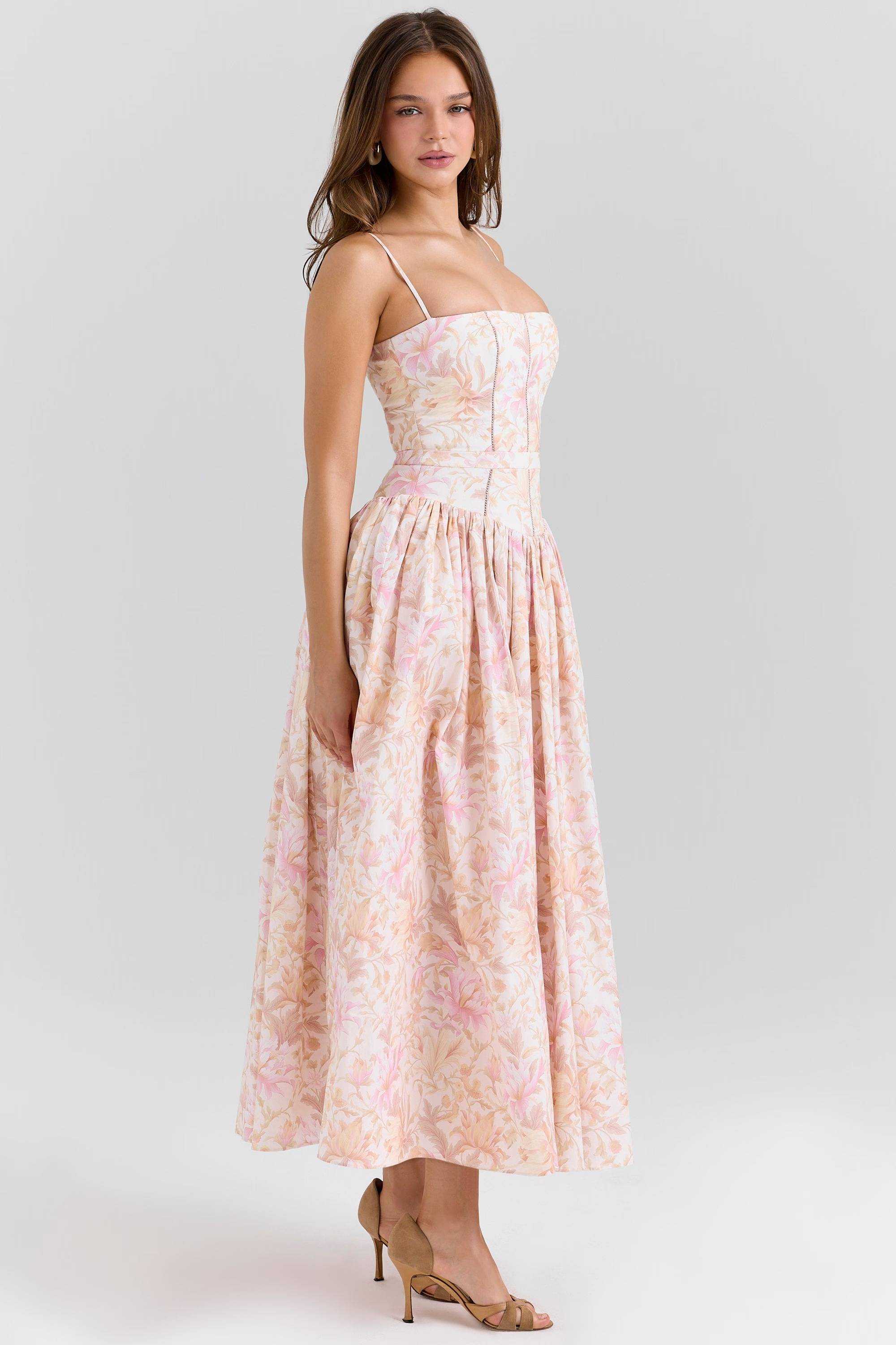 Peach Floral Print Stretch Cotton Midi Sundress  Gemma Chic