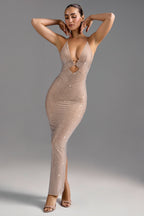 Embellished Cut-Out Maxi Dress in Almond  Gemma Chic