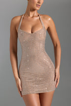 Embellished Halterneck Mini Dress in Honey  Gemma Chic