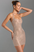 Embellished Halterneck Mini Dress in Honey  Gemma Chic