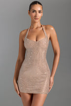 Embellished Halterneck Mini Dress in Honey  Gemma Chic