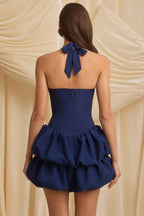 Halterneck Layered Bubble Hem Corset Mini Dress in True Navy  Gemma Chic