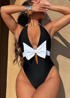 Monaco Bow - Halter Neck One Piece Swimsuit with White Front Tie  GEMMACHIC
